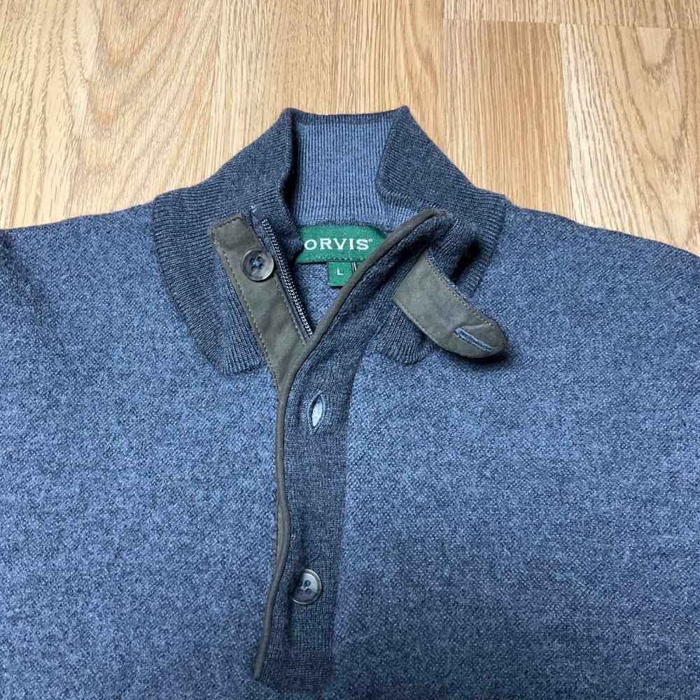 Orvis Mens Large Blue Merino Wool Quarter Zip Button Mock Neck Sweater 0280